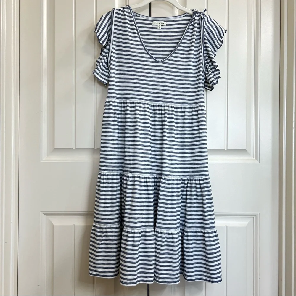 Max Studio Womens Jersey Knit V-Neck Ruffles Dress in Blue/White Stripes, Size S - Picture 1 of 7